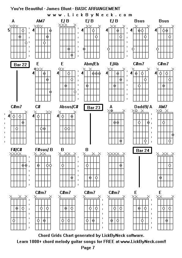 Chord Grids Chart of chord melody fingerstyle guitar song-You're Beautiful - James Blunt - BASIC ARRANGEMENT,generated by LickByNeck software.